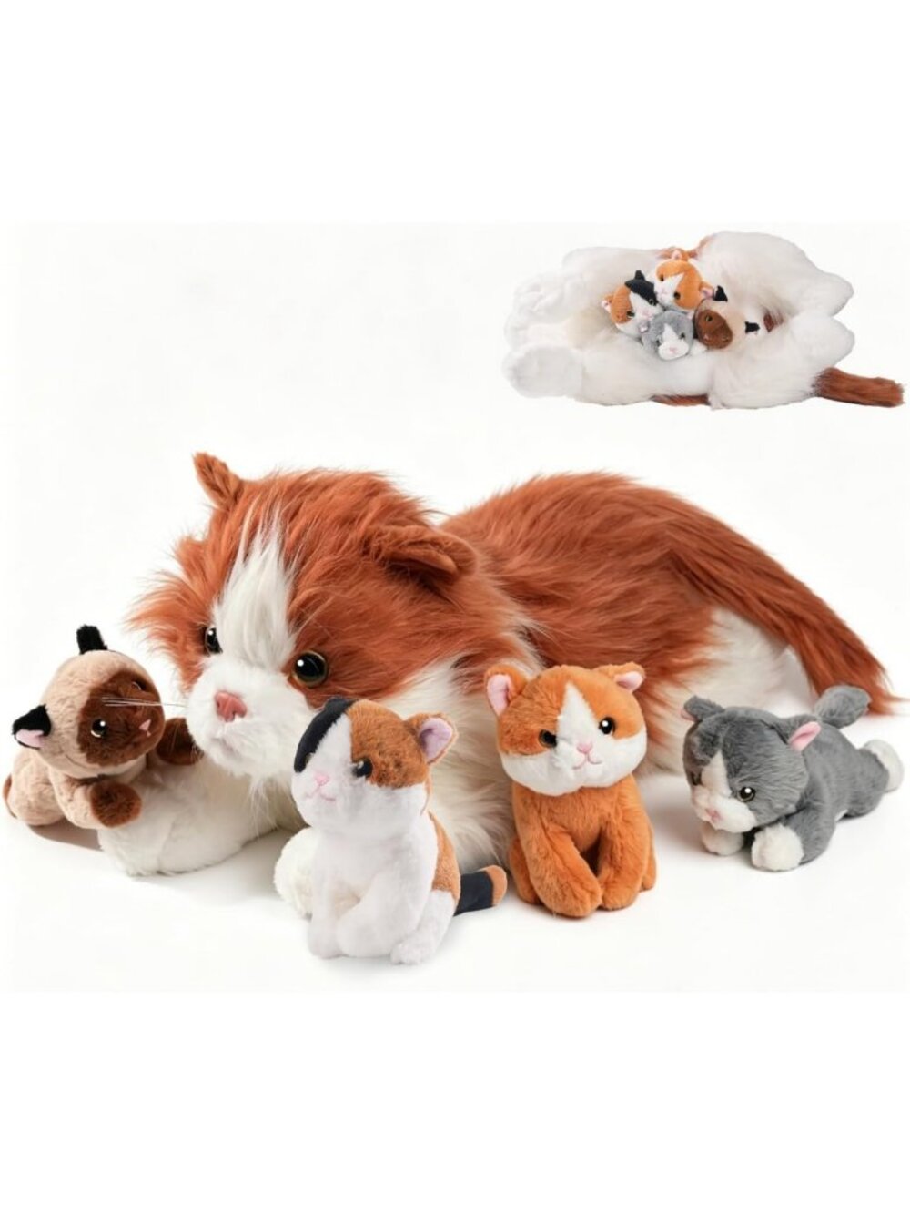 Adorable Cat Stuffed Animal with 4 Kittens - Soft Plush Toy for Kids